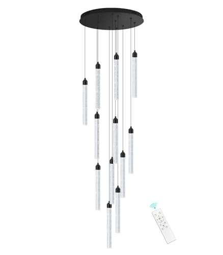 12 Lights Modern Chandeliers for Entryway High Ceiling Chandelier LED Dimmable Long Lights Fixture Pendants Lighting Crystal Chandeliers for Hallway Foyer Living Room Black Finished Lighting