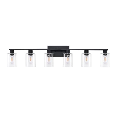 6 Light Bathroom Vanity Light Black Vanity Lights for Bathroom Light Fixtures Matte Black 6 Light Fixtures with Clear Glass Shades for Bath Over Mirror