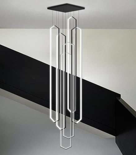 6 Rings Large Chandelier for Staircase Modern High Ceiling Chandelier LED Dimmable Chandeliers for Foyer Staircase Enterway Living Room Villa Black (6 Count)