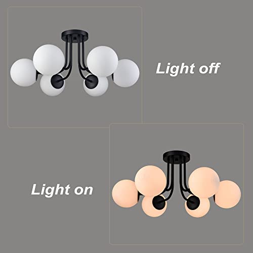 Modern 6 Light Black Metal Ceiling Light with Globe White Glass