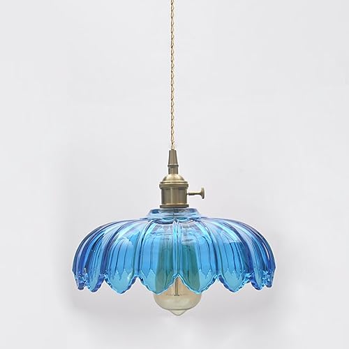 Blue Glass Pendant Light Fixtures Medium 9.8 Inches Lampshade Gold Brass Finish and Switch Vintage Pendant Ceiling Lamp Copper Pendant Lighting