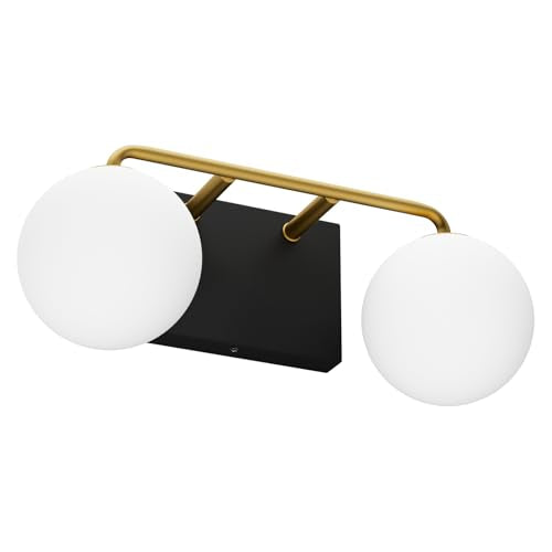 2 Lights Mid Century Vintage Bathroom Vanity Light Fixtures Over Mirror Black Gold Industrial Vanity Lights with Milk White Glass Globe Farmhouse Bath Lighting