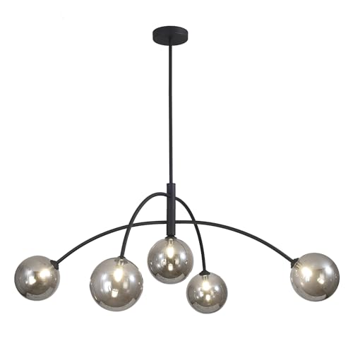 Mid Century Modern Chandelier Black 5 Light Industrial Pendant Light Fixture Vintage Smoke Gray Globe Glass Sputnik Chandeliers for Bedroom Kitchen Living Room Hallway