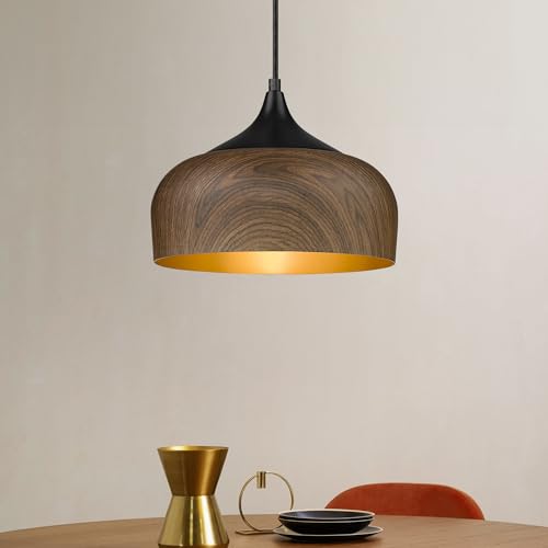 Modern Bauhaus Pendant Light Walnut Wooden Pattern Dome Pendant Light Fixture Matte Black Metal Gold Inner Adjustable Hanging Lighting for Kitchen Island Dining Room Office Hallway Bedroom