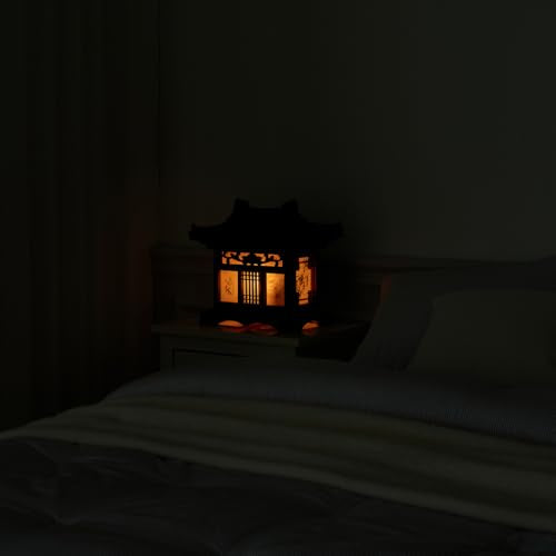 Carved Wood Table Lamp Handmade Traditional Korean House Pavilion Pagoda Design Art Deco Lantern Brown Asian Oriental Bedside Bedroom Lamp Accent Unusual Light