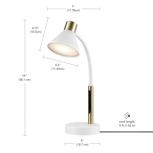 15" LED Integrated Matte White Desk Lamp with Matte Brass Accent and Adjustable Silicone Gooseneck