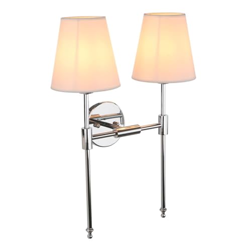 Classic Double Sconce Chrome 2 Lights Wall Sconce Rustic Wall Mount Lighting Fixture with Flared White Textile Lamp Shade