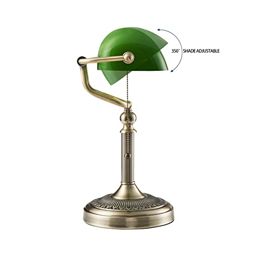 Green Glass Bankers Desk Lamp with Pull Chain Switch Plug in Fixture