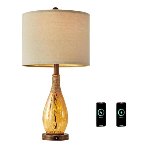 23" USB A+C Table Lamp for Bedroom Living Room Modern Bedside Lamps Retro Farmhouse Rattan Glass Nightstand Nightlight Lamps