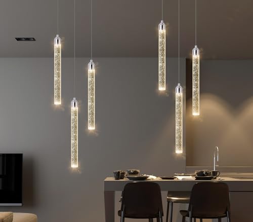 Mini Chandelier Crystal Pendant Lights Integrated LED Pendant Light Fixtures Kitchen Island Chandeliers Pendant Lighting for Dining Room Bubble Chromed Finished Ceiling Hanging Lights 2700K 6000K (3 Count)