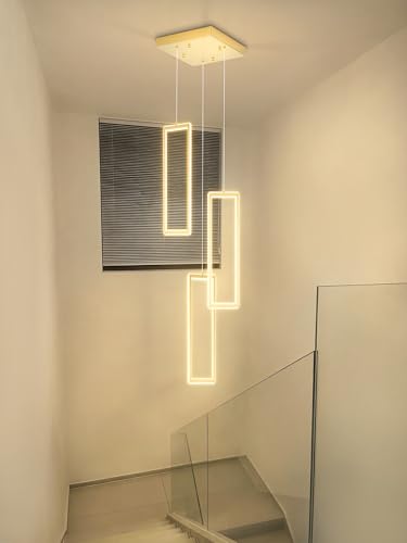 3 Lights Modern Rectangle Chandelier Dimmable Pendant Lighting Adjust LED Staircase Chandelier Hanging Light Fixtures for Kitchen Island Dining Room Entryway Foyer Gold