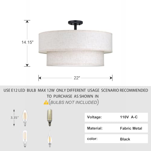 2 Tier 22" Cream Drum Fabric 5 Light Black Semi Flush Mount Ceiling Light for Living Room Dining Room Bedroom Hallway
