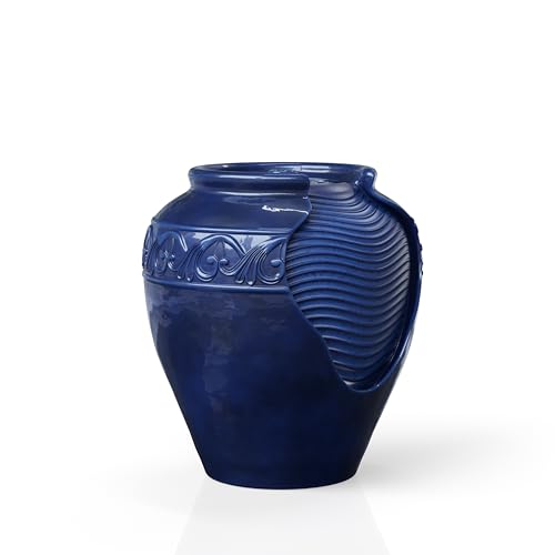 16.96 in. Outdoor Glazed Pot Water Fountain with LED Lights