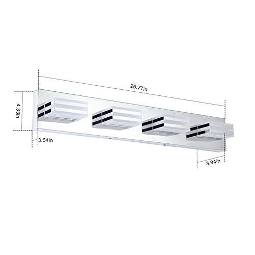 LED Vanity Lights for Bathroom 4 Light Bathroom Lamp over Vanity 27Inch Bathoom Mirror Light Fixtures Modern Bath Bar Lighting Chrome Vanity Lighting Fixtures 24W Restroom Light Fixture 6000K