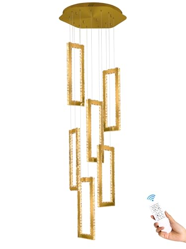 Modern Led Gold Chandelier Adjustable 6 Rings Crystal Chandelier for Living Room Foyer Stairwell Lighting High Ceiling Lamp Dimmable 2700K
