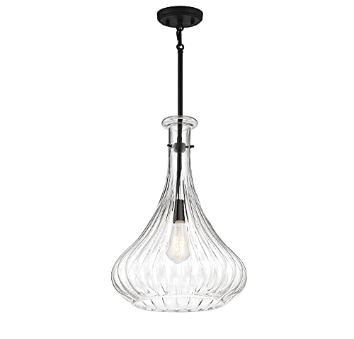 7-2265-1-89 Bristo Industrial Clear Fluted Glass Pendant, 1-Light 60 Watt, 20" H x 14" W, Matte Black