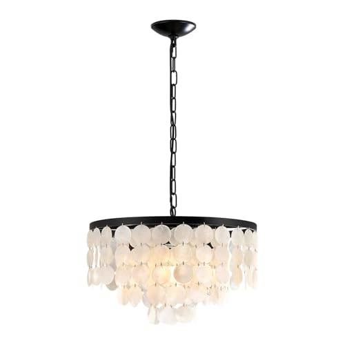 4 Light Black Capiz Shell Coastal Chandeliers for Dining Room