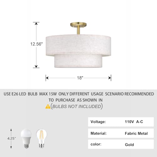 2 Tier 18" Cream Drum Fabric 4 Light Gold Semi Flush Mount Ceiling Light for Living Room Dining Room Bedroom Hallway