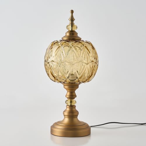 Vintage Amber Glass Table Lamps Brass Metal Desk Lamp Lampshade 8.3inch Table Light with Plug Switch for Bedroom Living Room Dressing Room