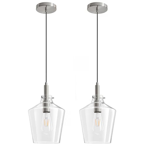 Glass Pendant Lighting for Kitchen Island Foyer 2 Pack Nickel Clear 8 Inch (2 Count)