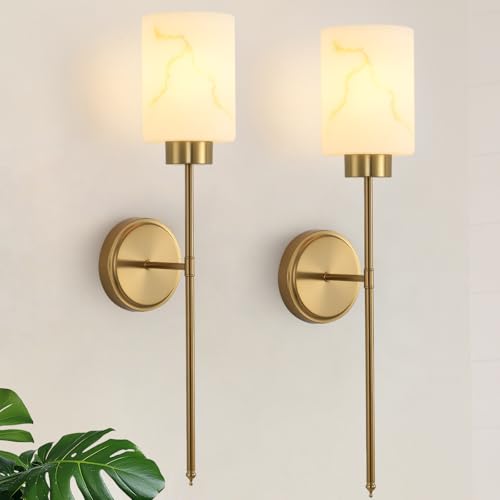 Gold Wall Sconces Set of 2 with Marble Glass Shade