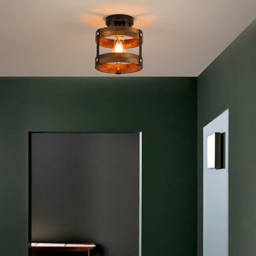 Rustic Farmhouse Wood Flush Mount Ceiling Light Fixture Oak Wood and Metal Round Cage Small Semi Flush Mount Ceiling Light for Kitchen Hallway Entry Bedroom Country Farmhouse