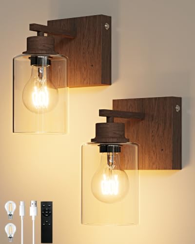 Walnut Battery Operated Wall Sconce Set of Two with Remote Control (2 Count)
