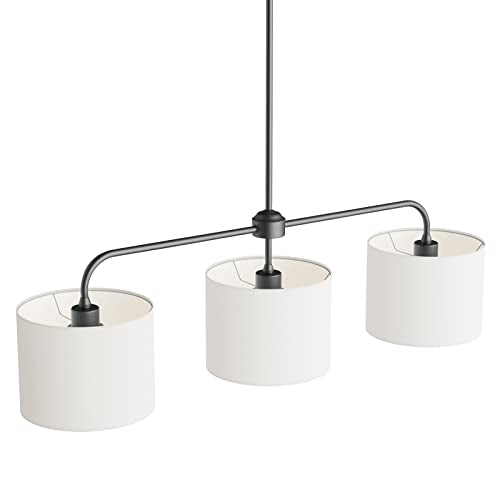 40" W 3 Light White Linen Drum Shade Chandelier with Black Metal Linear Pendant Light Fixture for Kitchen Island