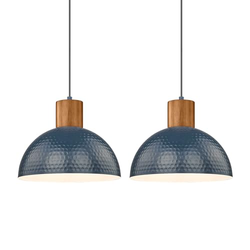 Modern Hammered Pendant Light Fixtures with 12" Metal Shade Solid Wood Dome Hanging Pendant Light for Farmhouse Kitchen Island Dining Room Sink Bedroom Hallway Medium 2 Pack Blue (2 Count)