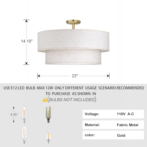 2 Tier 22" Cream Drum Fabric 5 Light Gold Semi Flush Mount Ceiling Light for Living Room Dining Room Bedroom Hallway