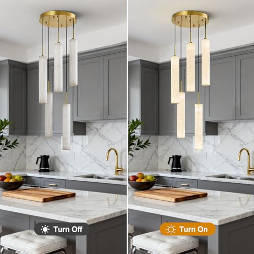 Natural Alabaster Pendant Lights for Kitchen Island White Marble Long Tube Chandelier 4000K Modern Gold Ceiling Light Fixtures for Bedroom Dining Room Table Living Room Hallway