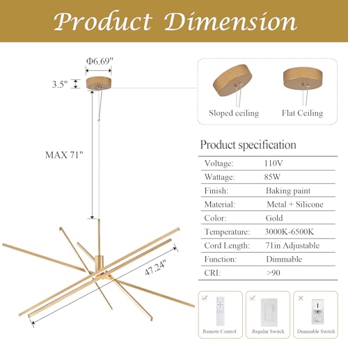 Big Gold Chandelier for Foyer Living Room 48 Inches High Ceiling Chandeliers Modern Remote Control Sputnik Chandelier for Large Living Room Dining Room Foyer