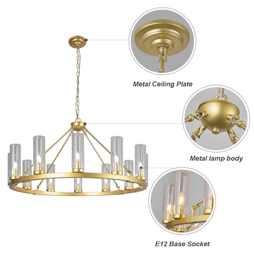 12 Lights Gold Chandelier Wagon Wheel Chandelier with Clear Glass Shade Round Industrial Pendant Lighting Fixture for Stair Living Room Foyer Kitchen