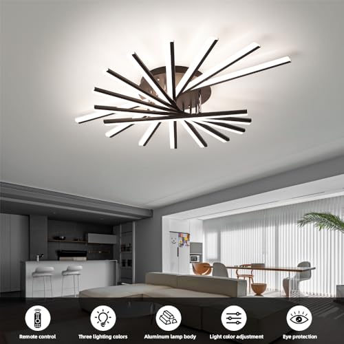 9 Lights Linear Modern Ceiling Lamp 45.3 inch Dimmable Led Semi Flush Mount Black Spiral Ceiling Light Fixture for Bedroom Dining Room Kitchen Island Living Room