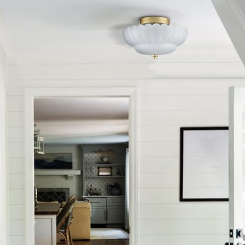 Gold Flush Mount Ceiling Light with Scalloped Frosted Milk Glass