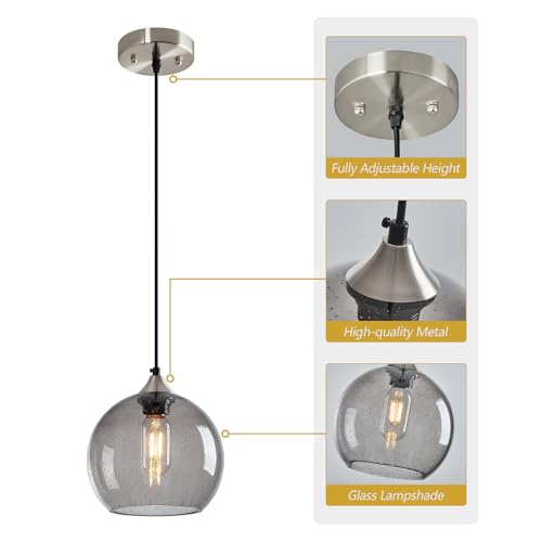 Light Grey Glass Pendant Lights Kitchen Island Lighting Globe Pendant Light Fixtures Modern Pendant Lighting for Bedroom Living Dining Room Light Fixture (2 Count)