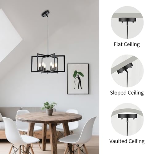 Matte Black Modern Chandelier 6-Light, Geometric Pendant Light Fixture with E12 Candelabra Base (Bulbs NOT Included), Open Frame Hanging Lighting for Dining Room, Kitchen Island, Foyer and Living Room