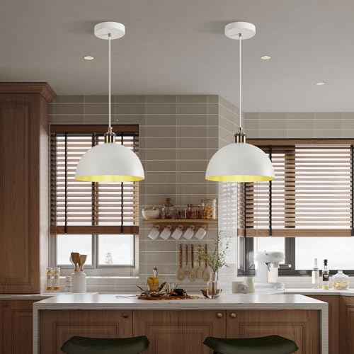 Vintage Industrial Pendant Light 9.84" Farmhous Dome Pendant Light White and Gold Finish Lighting lamp line Length 78.74" Kitchen Island