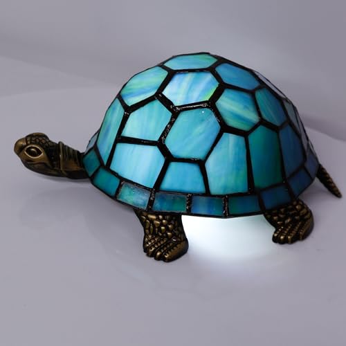 Tiffany Tortoise Lamp Small Stained Glass 8X5X4 Inch Blue Green