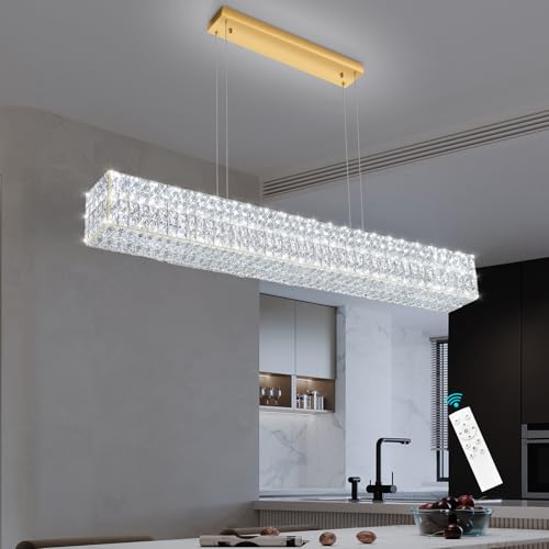 Rectangular Crystal Chandelier with Dimmable LED Lights Dining Room Remote Ceiling Pendants Lighting Fixtures for Kitchen Island Gold
