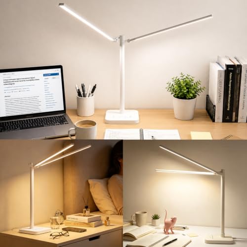 Desk Lamp for Office Home Dual Head 24W Swing Arm Reading Table Lamp White (White)