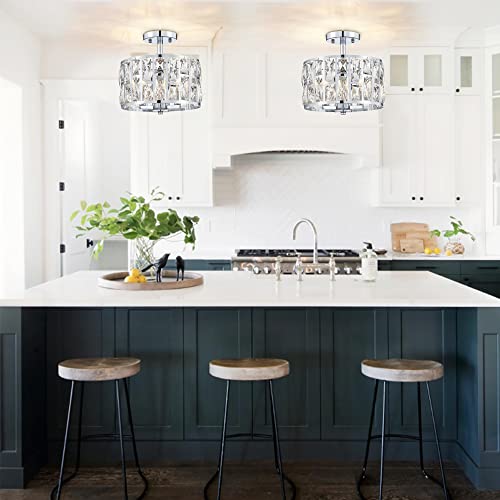 Farmhouse Crystal Round Semi Flush Mount Modern Close to Ceiling Light Fixture