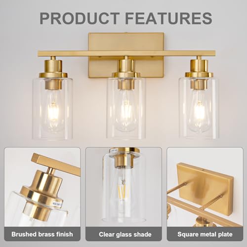 3 Light Bathroom Light Fixtures Brushed Brass Vanity Light Over Mirror Modern Farmhouse Wall Lighting Sconces Wall Lamp for Bathroom