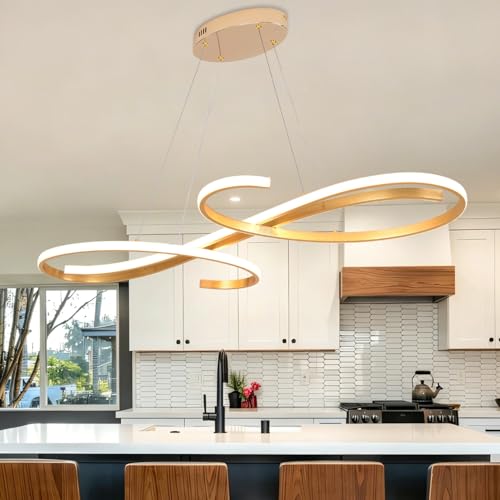 59.05" Gold Led Chandelier for Dining Room Dimmable Modern LED Pendant Chandelier with Remote Control