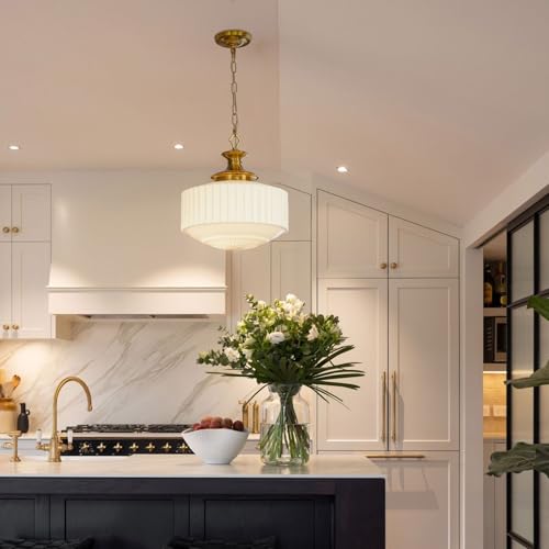 Vintage Brass Milk Glass Pendant Light Fixture