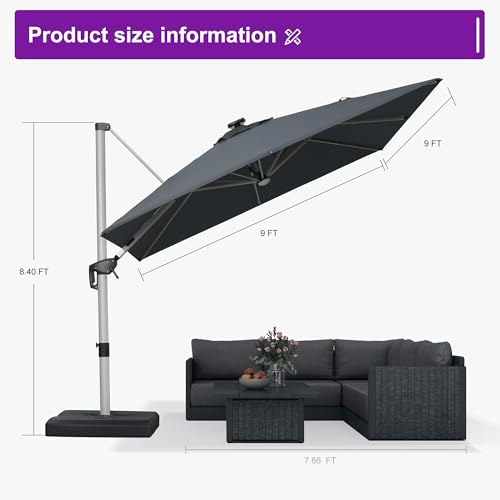 Cantilever Umbrella 9' X 9' Solar LED Light Patio Deck