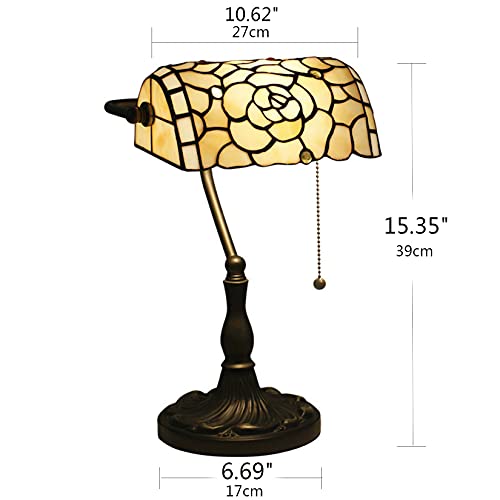 Rose Bankers Lamp Tiffany Vintage Table Lamp Stained Glass Beige Rose Lampshade Table Light Piano Desk Lamp Bedroom Bedside Lamp for Livingroom Office Study