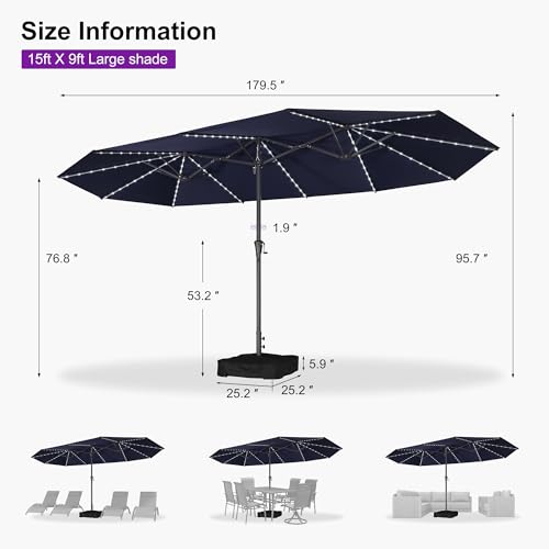 Outdoor Umbrella 15ft with Base and Solar Lights
