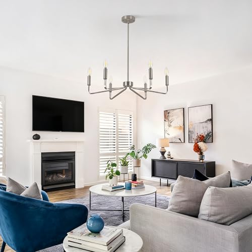 6-Light Brushed Nickel Chandeliers for Dining Room,Farmhouse Light Fixtures for Kitchen,Pendant Lights for Entryway Bedroom Foyer Hall Kitchen Living Room,26in,E12.