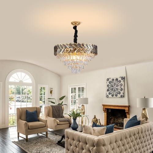 Modern Crystal Chandelier Gold,24" Round Crystals Chandeliers for Dining Room Top K9 Adjustable Ceiling Light Fixture 5-Tier Crystal Pendant Lamp 9-Light for Living Room Foyer Staircase